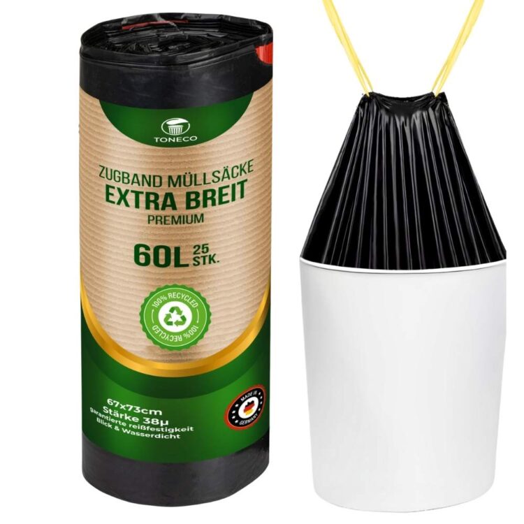 Müllbeutel 60L MIT ZUGBAND, EXTRA BREIT, schwarz, á25 Rolle
