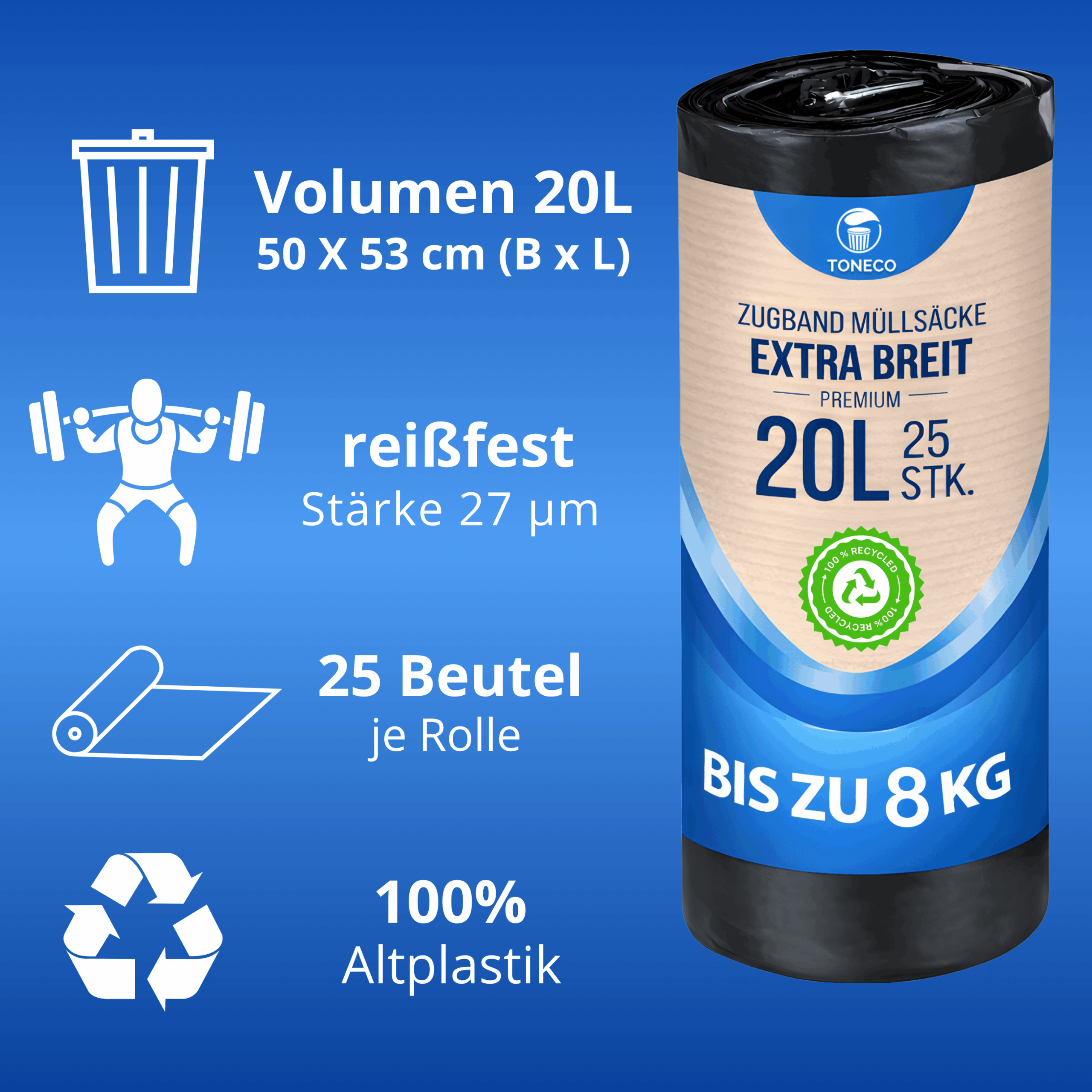 Müllbeutel 20L - MIT ZUGBAND - schwarz, á25 Rolle