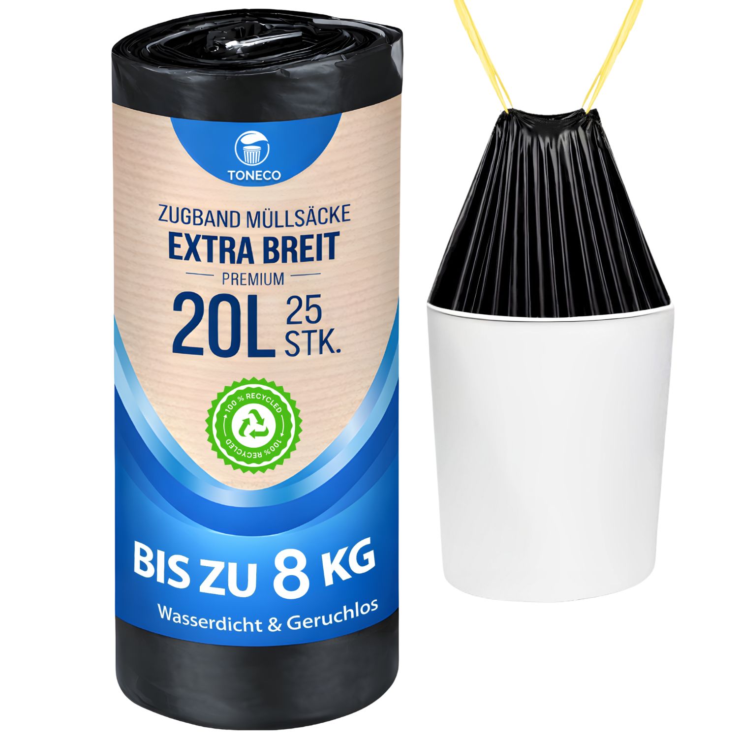 Müllbeutel 20L - MIT ZUGBAND - schwarz, á25 Rolle
