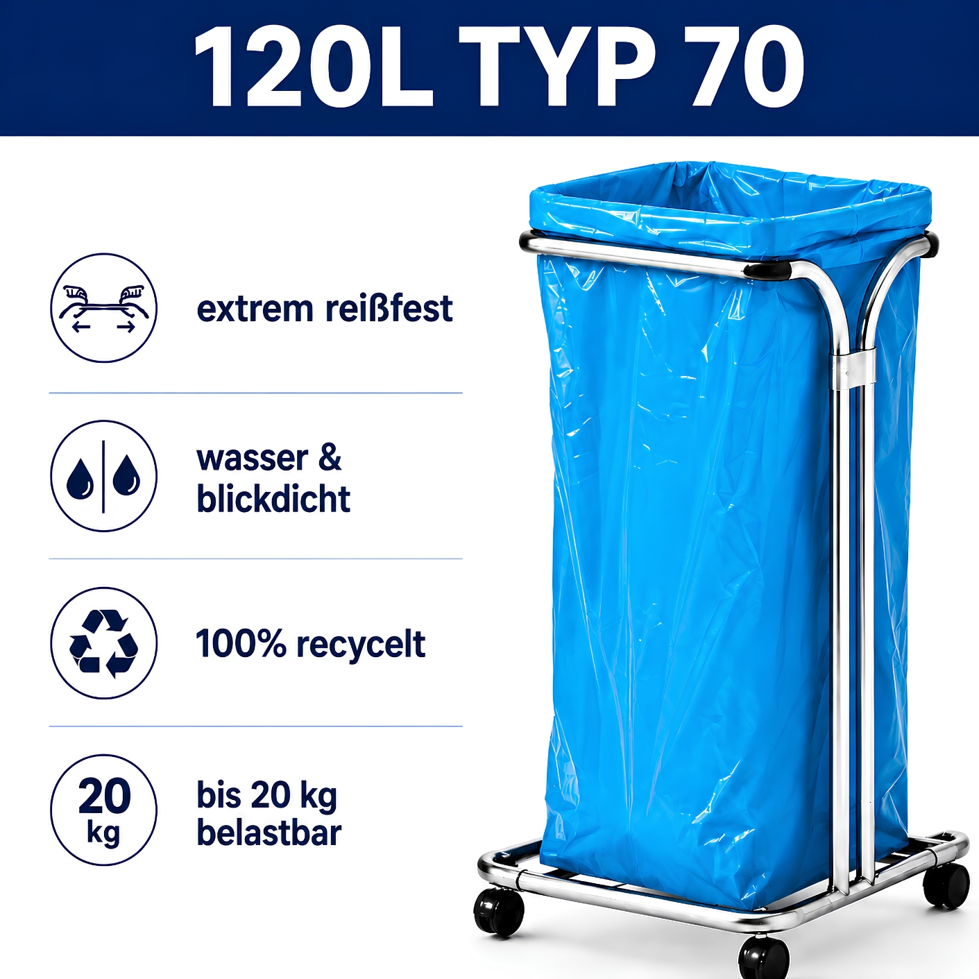 Müllsäcke 120L - MITTELSTARK, Typ 70, BLAU, á25 Rolle – Bild 3